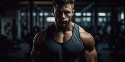 Fototapeta na wymiar portrait of athletic man in gym, panoramic image. Generative Ai