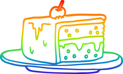 rainbow gradient line drawing of a cartoon slice of cake