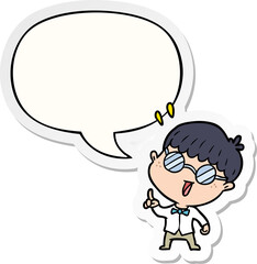 cartoon clever boy with idea with speech bubble sticker