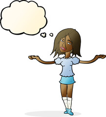 cartoon woman shrugging shoulders with thought bubble
