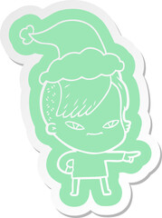cute quirky cartoon  sticker of a girl with hipster haircut wearing santa hat