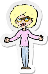 retro distressed sticker of a cartoon woman wearing spectacles