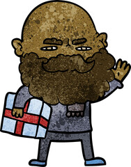 cartoon man with beard frowning with xmas gift