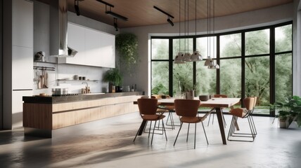 Fototapeta na wymiar Modern spacious loft kitchen with dining area. Minimalistic interior, concrete walls and floors, white and wooden facades, floor-to-ceiling panoramic windows. Generative AI
