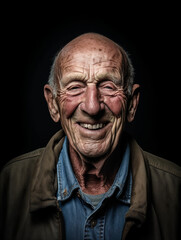 Fototapeta premium Gesicht eines lachenden alten Mann mit vielen Falten Nahaufnahme , ai generativ