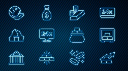 Set line Growth arrow with gold bars, Safe, Gold coin, 24k, mine, Bag of and Old money bag icon. Vector