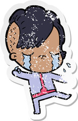 distressed sticker of a cartoon crying girl wearing space clothes