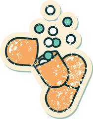 grunge sticker of a burst open medical capsule pill