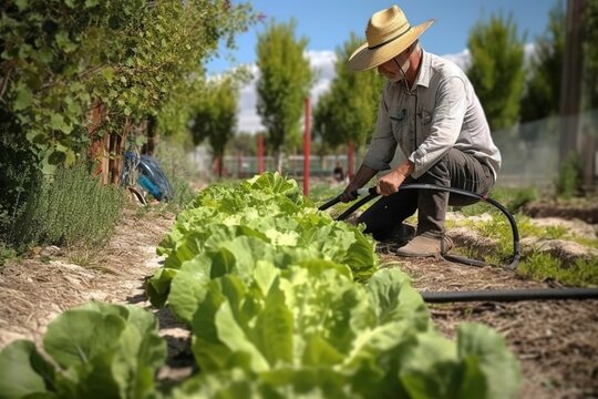 A farmer waters his lettuces with a hose. Ai generated.