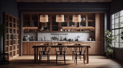 Modern trendy all wood kitchen and dining area japandi style. Natural wood floor, wooden facades, dining table and chairs, wicker lampshades. Large panoramic windows with garden view. Generative AI