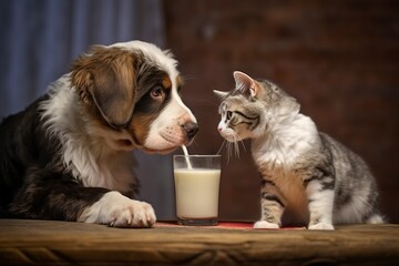A cat shares its milk with its friend the dog. Ai generated.