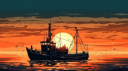 The fisherman boat in the lake sunset time. Generative Ai