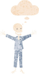 cartoon skeleton wearing pajamas with thought bubble in grunge distressed retro textured style