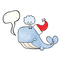 freehand speech bubble textured cartoon whale wearing christmas hat