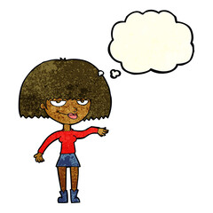 cartoon smug woman making dismissive gesture with thought bubble