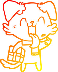 warm gradient line drawing of a cartoon panting dog with present
