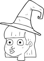freehand drawn black and white cartoon witch