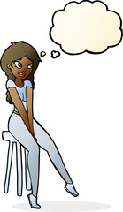 cartoon pretty girl on stool with thought bubble