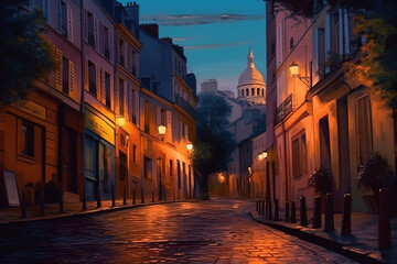Fototapeta na wymiar Street in Montmartre, Paris, in the evening, bright color. Generative Ai