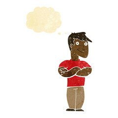 cartoon muscular man with thought bubble