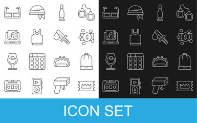 Set line Concert ticket, Winter hat, Stacks paper money cash, Bullet, Undershirt, Laptop with music, Glasses and Bloody knife icon. Vector