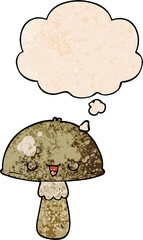 cartoon mushroom with thought bubble in grunge texture style