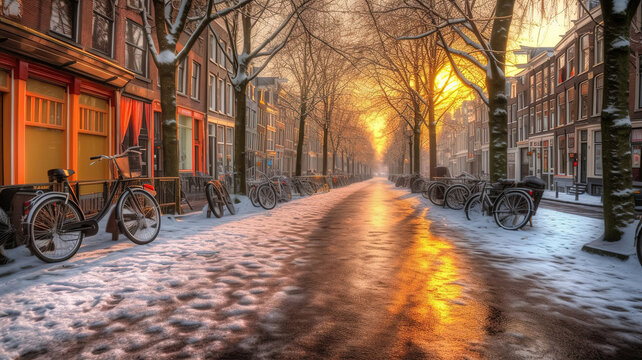 Sunrise over the canal streets of Amsterdam, the Netherlands, with bicycles. Generative Ai