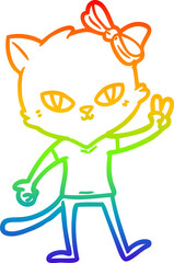 rainbow gradient line drawing of a cute cartoon cat girl giving peace sign