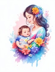Generative AI - Illustrazione dettagliata di una mamma con il proprio figlio in braccio 
