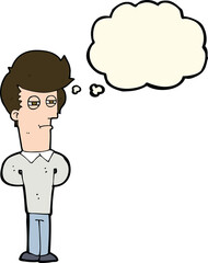 cartoon jaded man with thought bubble