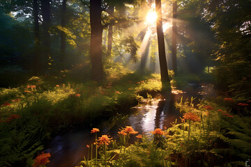 Immersed in the serenity of a lush forest, capture the golden rays of sunlight filtering through the foliage. Generated AI