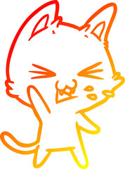warm gradient line drawing of a cartoon cat hissing