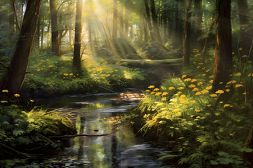 Immersed in the serenity of a lush forest, capture the golden rays of sunlight filtering through the foliage. Generated AI