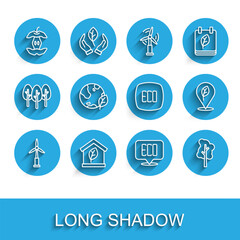 Set line Wind turbine, Eco friendly house, Apple core, Leaf symbol, Tree, Earth globe and leaf, Location with and icon. Vector