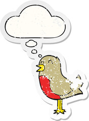 cartoon bird with thought bubble as a distressed worn sticker