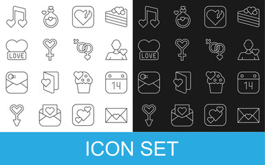 Set line Envelope with Valentine heart, Calendar February 14, Romantic man, Broken or divorce, Female gender symbol, Heart, Music note, tone hearts and Gender icon. Vector