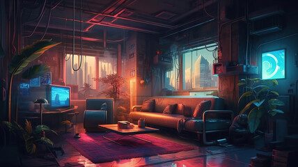 Concept of apartment dark minimalist living room interior in cyberpunk style. Generative Ai