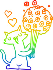 rainbow gradient line drawing of a cartoon cat in love with flowers