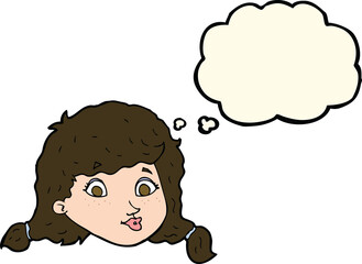 cartoon pretty female face with thought bubble
