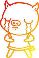 warm gradient line drawing of a cartoon pig crying