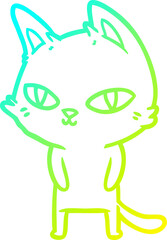 cold gradient line drawing of a cartoon cat with bright eyes