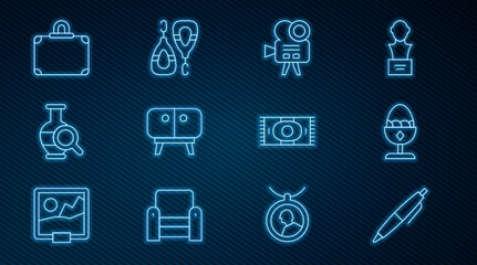 Fototapeta premium Set line Pen, Chicken egg on a stand, Retro cinema camera, TV table, Ancient amphorae, Suitcase, Classic carpet and Earrings icon. Vector