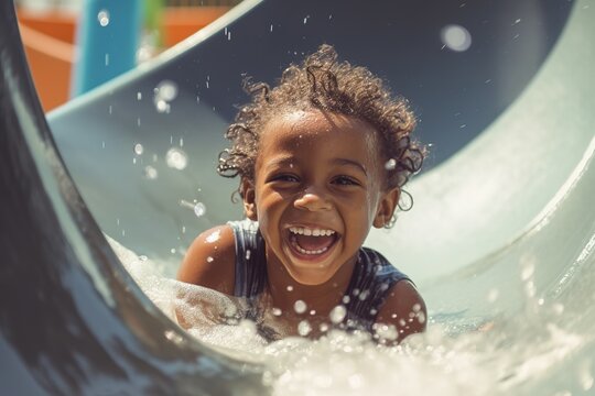 Smiling little African American girl enjoying slider in waterpark. Generative AI