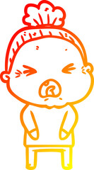 warm gradient line drawing of a cartoon angry old woman