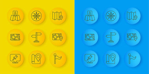 Set line Push pin, City map navigation, Road traffic sign, Flag, Gps device with, Folded location marker, and Wind rose icon. Vector