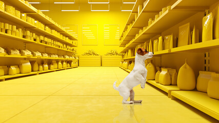 Little dog standing on hind legs surrounded canine food over 3D model of supermarket background. Pet friendly store, pets shopping