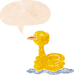 cartoon duck with speech bubble in grunge distressed retro textured style