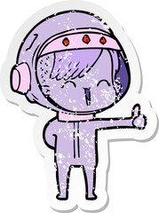 distressed sticker of a happy cartoon space girl