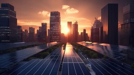Fototapeta na wymiar Solar panels outside a big city in the sunset, bright color. Generative Ai