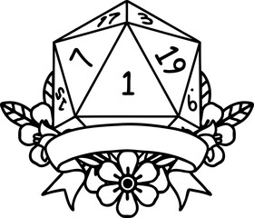 Black and White Tattoo linework Style natural one d20 dice roll